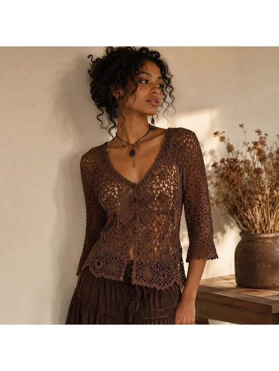 Unbranded Sweaters - Mocha Brown Crochet Cardigan Floral Open Knit Whimsigoth Boho Button Front